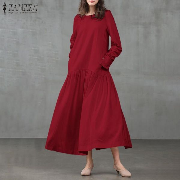 

casual dresses vintage solid high waist dress women's spring sundress 2022 long sleeve maxi vestidos female o neck robe plus size, Black;gray