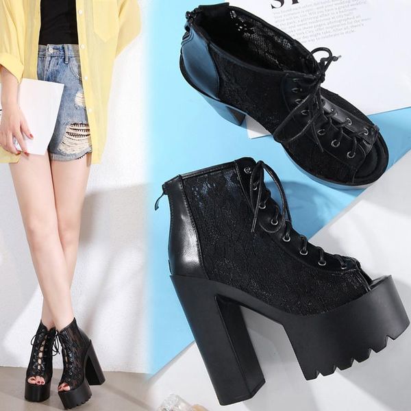 

dress shoes open-toed thick-heeled women's sandals comfortable mesh rome high-heeled platform 2021 spring, Black