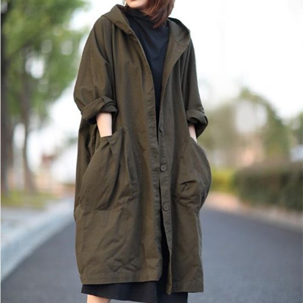 

women's trench coats autumn coat solid loose casual long hooded big pocket windbreaker 2021, Tan;black