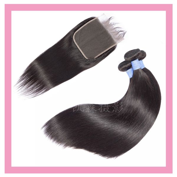

brazilian human hair extensions 2 bundles with 6*6 lace closure straight 3 pcs virgin hair products, Black;brown