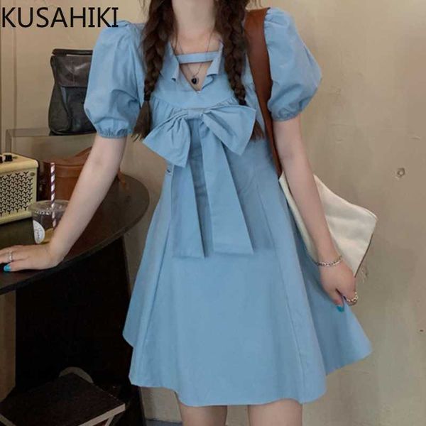 

kusahiki sweet bowknot v-neck woman dress korean puff sleeve slim high waist a-line vestido femme summer dresses 6j439 210602, Black;gray