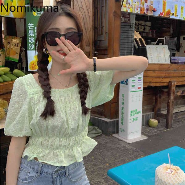 

nomikuma slim waist summer crop women hollow out square collar short sleeve shirts chic temperament blouse blusas mujer 210514, White