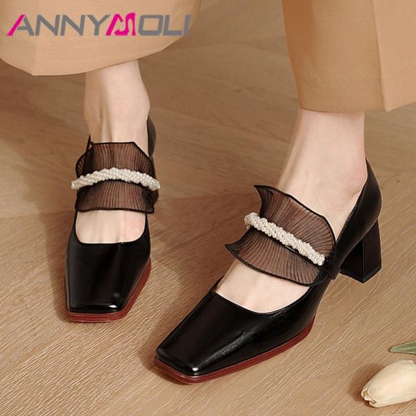 

annymoli square toe cow leather mary janes shoes women lace string bead party pumps fashion high heel footwear thick heels shoes, Black