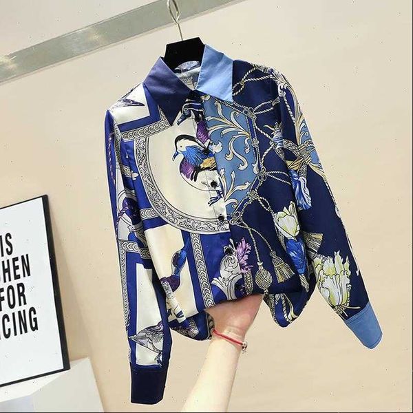 

spring autumn printed korean womens shirts retro contrast office turn down collar long sleeved gd488, White