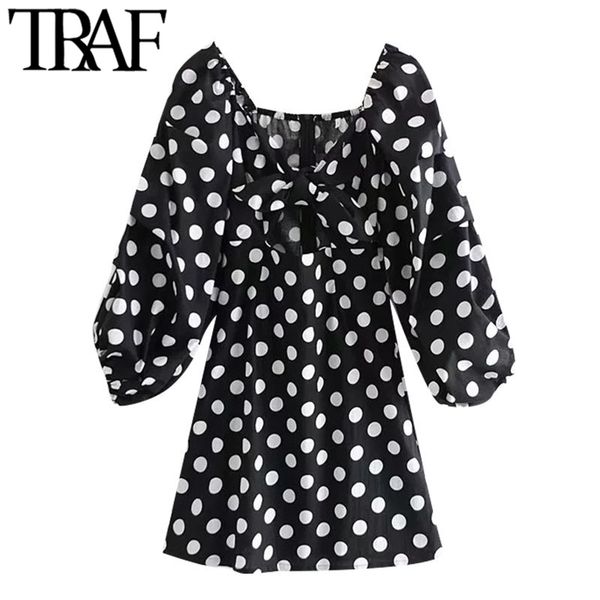 

women chic fashion with bow hollow out polka dot mini dress vintage puff sleeve back zipper female dresses mujer 210507, Black;gray