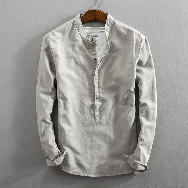 

men's casual shirts 2022 vintage linen stand collar long sleeve pullovers summer men spring baggy buttons holiday male, White;black