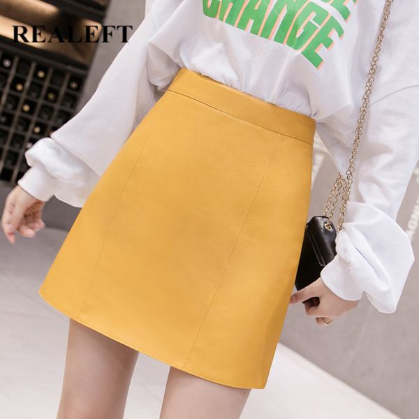 

pu leather wrap a-line skirts autumn winter solid women's skater high waist sheath mini female 210428, Black