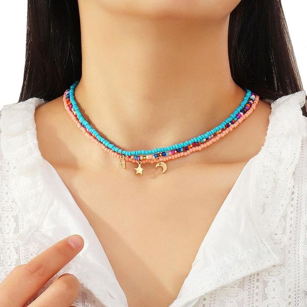 

chokers 3pcs bohemia handmade rainbow beads candy star moon pendant multi-layer satellite necklace women's fashion jewelry, Golden;silver