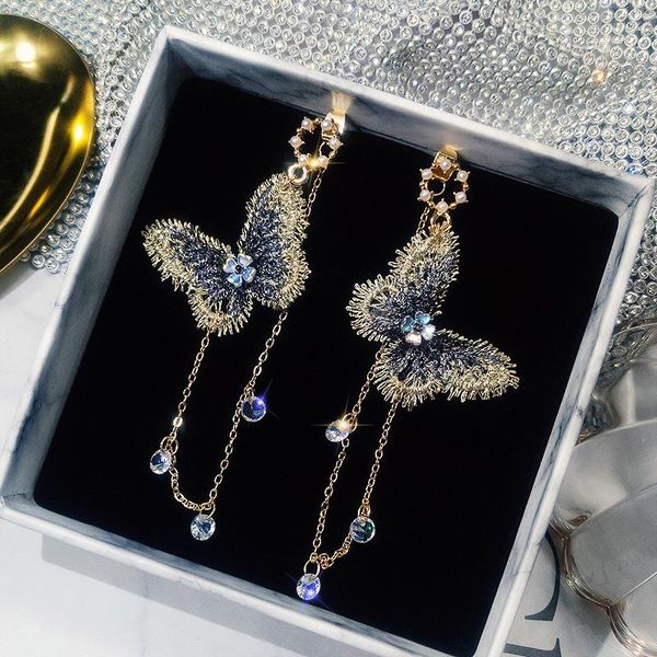 

dangle & chandelier 2021 korean embroidery butterfly long chain crystal tassel earrings for women fashion jewelry pendientes gift brincos, Silver