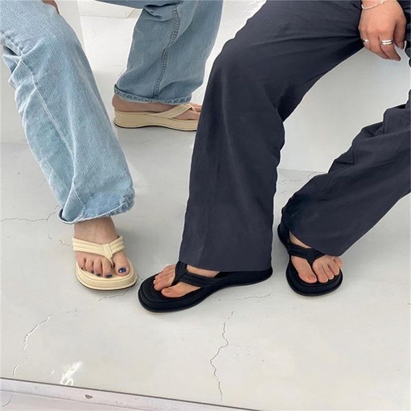 

slippers oeak chunky heel summer beach platform women flip flops slides faux sueded open toe soft sole designer sandals y2k shoes, Black