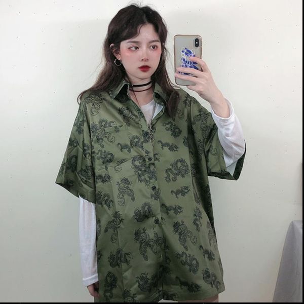 

oversized women blouses harajuku dragon printing shirt spring ladies loose blusa streetwear camisas mujer drop, White