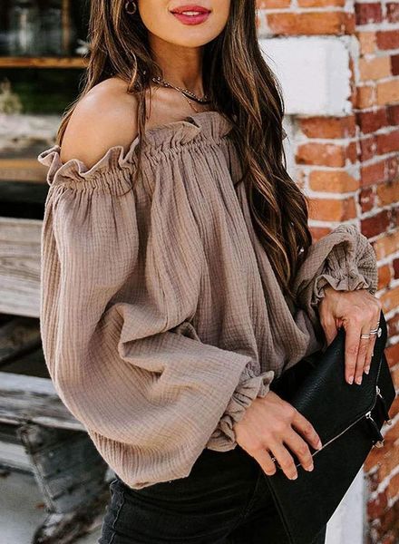 

women's t-shirt fashion solid slim lady casual tee women coffee off shoulder ruffle vintage 2021 spring fall t-shirts, White