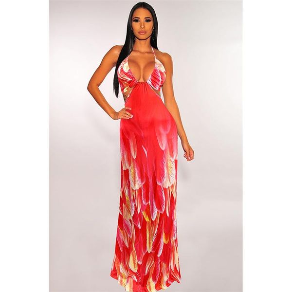 

women bohemian feather prin long maxi dress summer beach halter casual sleeveless bandage women's swimwear, White;black
