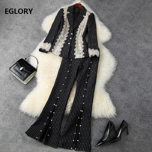 

pants blazer sets spring autumn business suit women lace embroidery deco blazer coats+beading deco flare leg long pant sets 2pc, White