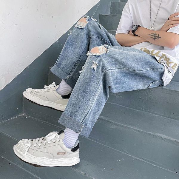 

men's jeans loose ripped straight-leg thin washed light blue beggar nine-point denim pants summer hip-hop wide-leg trousers streetwear