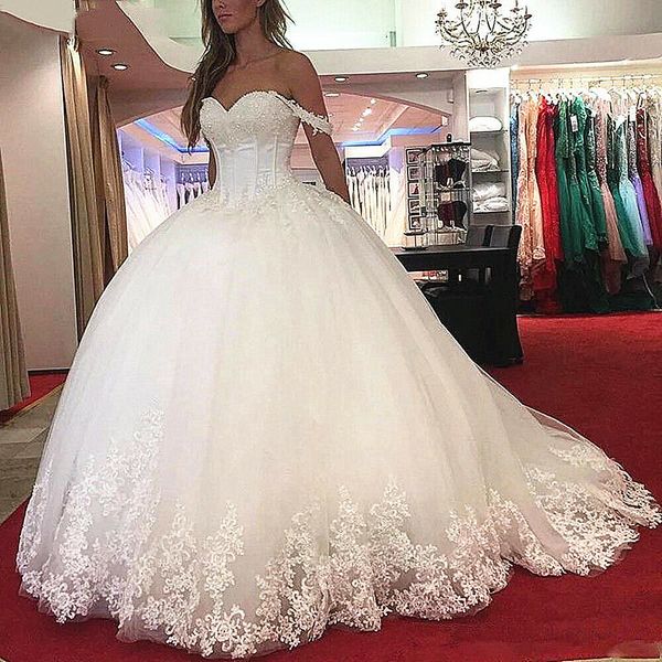 

princess off shoulder wedding dresses beaded lace appliques ball gown, White
