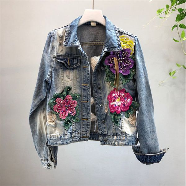 

jacket 2021 spring korean fashion beading applique hole wash slim denim women basic coat outwear streetwear jeans jacket female, Black;brown