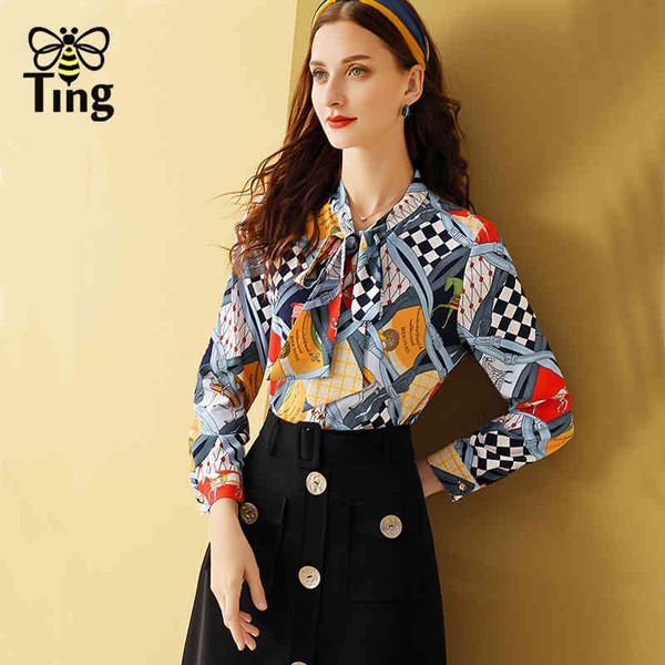 

vintage elegant floral printing bow collar women blouses spring summer female shirts plaid fashion pullovers moda 210513, White