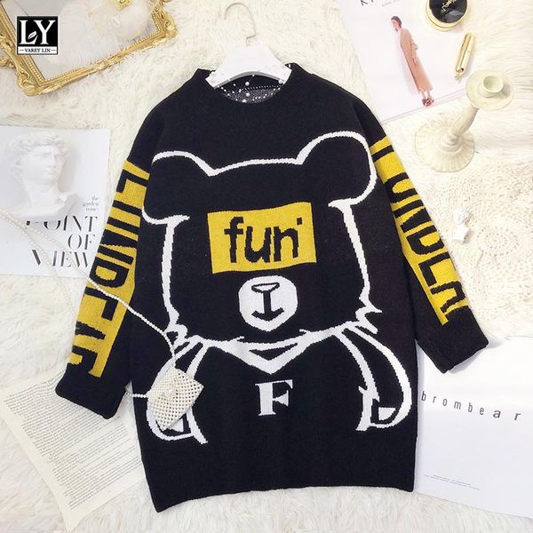 

lin women sweaters 2021 spring autumn winter cartoons letter print korean style loose casual ladies knitted women's, White;black
