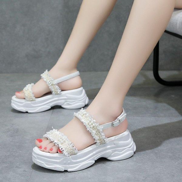 

dress shoes rimocy 2021 summer platform sandals women fashion pearl open toe wedge woman thick bottom buckle sandalias black white