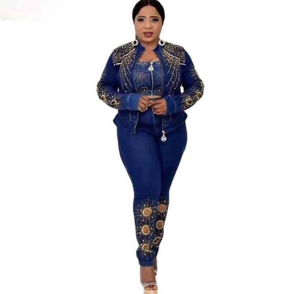 

ethnic clothing 3 piece set africa african dresses for women dashiki diamonds two bra + pants famous suit clothes, Red