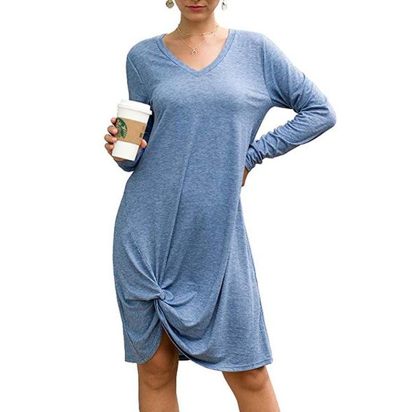 

women loose t shirt dress long sleeve v neck tunic streetwear autumn ladies short casual dresses wl08, Black;gray