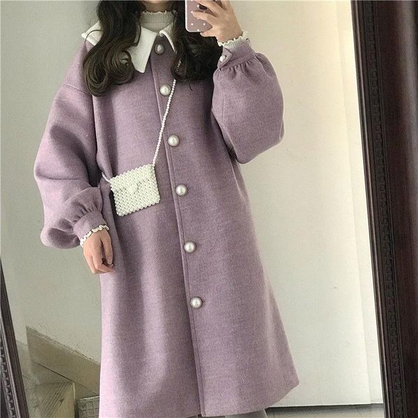 

women's wool & blends 2021 manteaux longs cute coat women single breasted warm female loose button jacket japanese overcoat trencze, Black