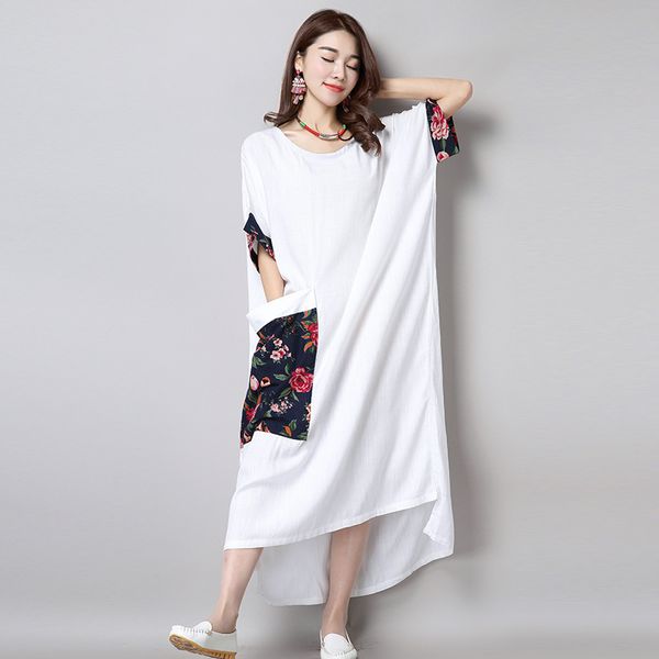 

johnature batwing sleeve summer dress casual loose print pockets o-neck mid-calf length clothes korea style women dress 210521, Black;gray