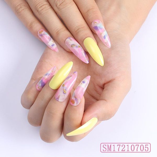 

false nails 24pcs fake stiletto bright yellow glue type removable long paragraph fashion manicure save time nail art tools, Red;gold