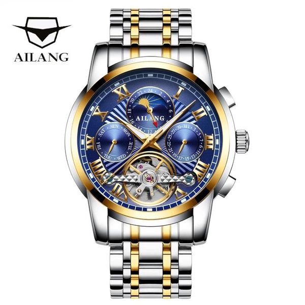 

wristwatches ailang 2021 fashion sport casual stainless steel strap mens watches skeleton tourbillon week clock men 8508, Slivery;brown