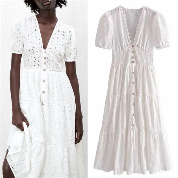 

za white long summer womens dresses embroidery cut out ruffle ruched short puff sleeve midi elegant, Black;gray