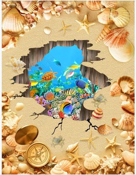 

3d pvc adhesive bathroom floor Wall stickers wallpaper Ocean fish beach starfish shell home decor Self-adhesive vinyl flooring wallpapers fo