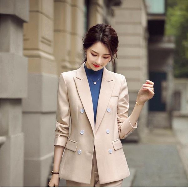 

women's suits & blazers 2021 womens long sleeve blazer double breasted suit jacket fashion slim elegant apricot coat solid color formal, White;black