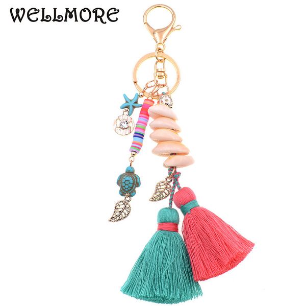 

wellmore boho style keychain shandmade shell with long tassel alloy key chain for women girl bag keychain, Slivery;golden