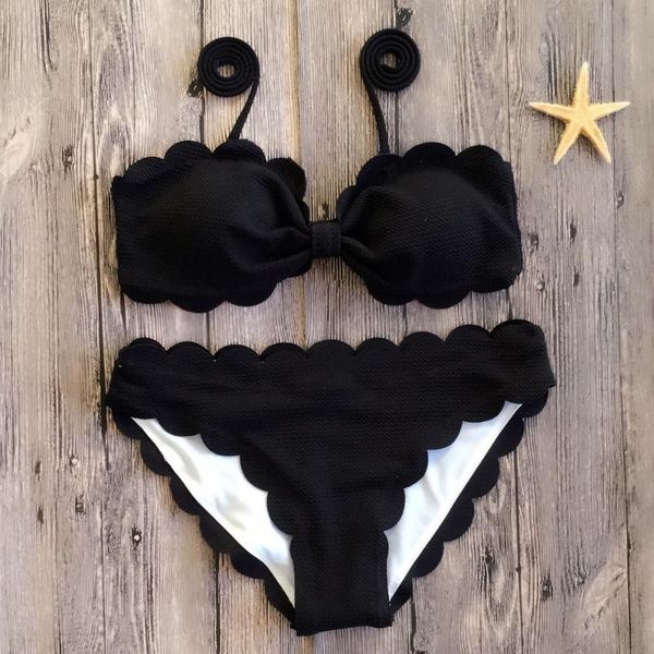 

women's swimwear push up bikinis 2021 swimsuit scalloped trim women black yellow red bandeau bathing suit solid biquini beach wear, White;black