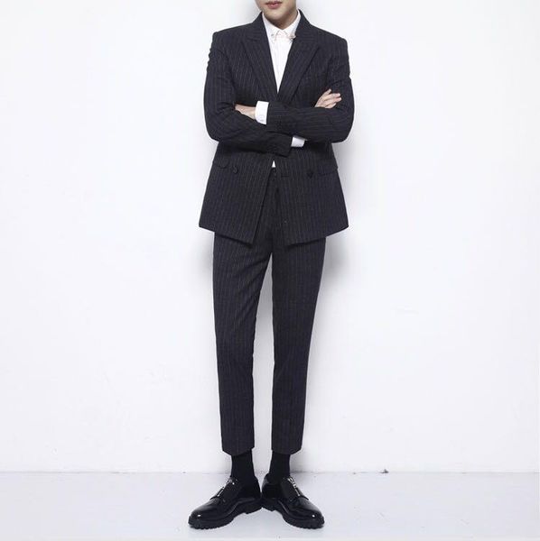 

men's suits & blazers 2021 slim double breasted suit coat casual stripe youth blazer, White;black