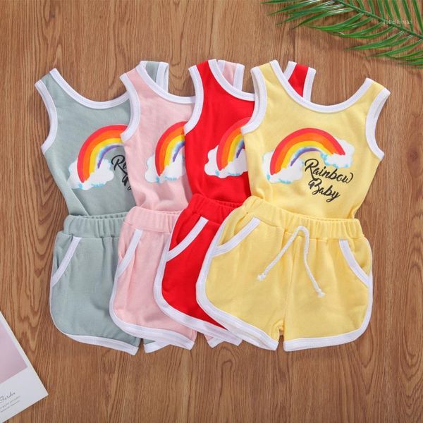 

clothing sets 2021 summer fashion baby outfits toddler girls romper 2pcs set letter rainbow tank drawstring elastic breeches children su1, White