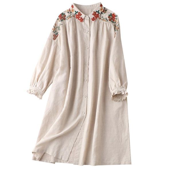 

casual dresses shuchan prairie chic linen woman dress embroidery floral straight loose oversized 2021 est women, Black;gray