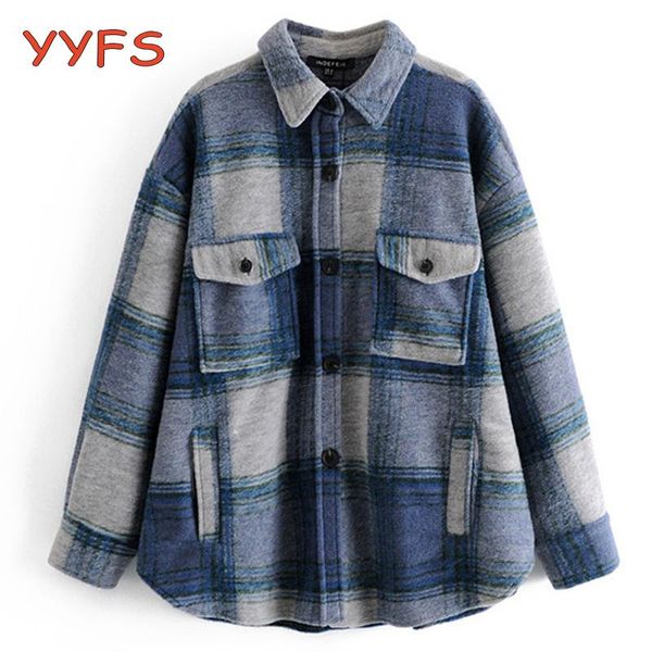 

oversize vintage plaid wool jacket women autumn casual pockets long sleeve shirt coat female loose outwear blend women's jackets, Black;brown