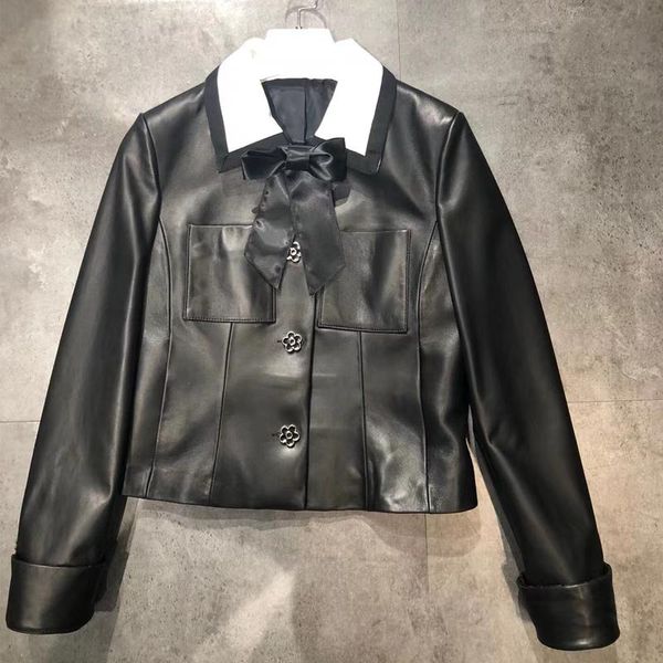 

women's leather & faux real sheep jacket ladies natural lambskin outwear, Black