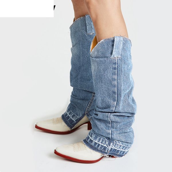 

boots women long boots western cowboy denim shoes block high heel retro knee pointed toe catwalk knight booties wahp, Black