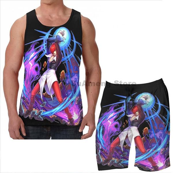 

men's tracksuits summer funny print men tank women iori yagami beach shorts sets fitness vest, Gray