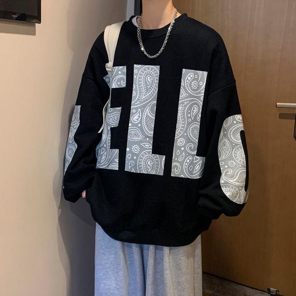 

men's hoodies & sweatshirts cashew flower letters printed oversized sweater men's trendy tide brand couple korean loose black gray