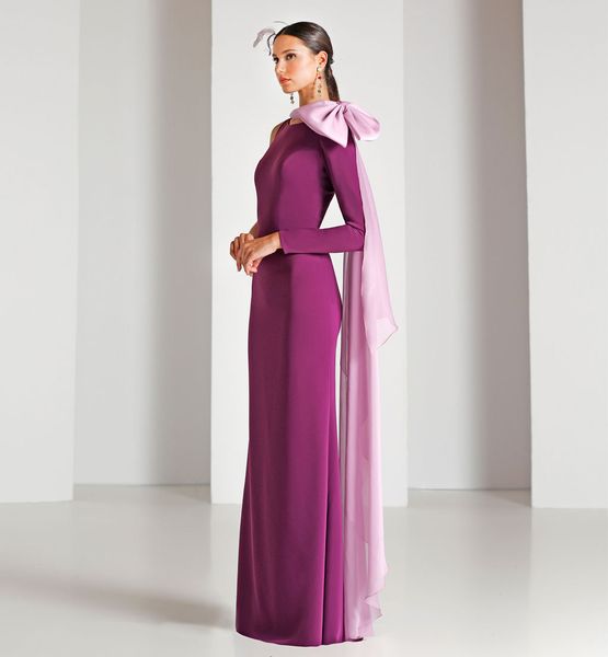 Jewel longo vestido de noite roxo elástico cetim bainha um ombro moderno chão comprimento vestidos de baile com arco chiffon