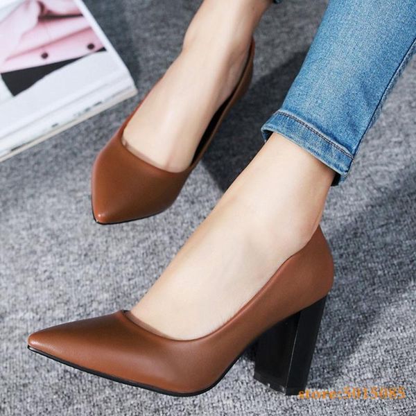 

dress shoes casual women's high heels pointed toe pumps woman solid thick heel work office leather shallow footwear buty damskie, Black
