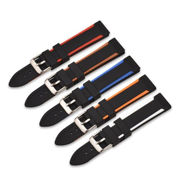 

watch bands silicone strap two-color flat head universal watchband 20mm 22mm 24mm sport waterproof bracelet, Black;brown