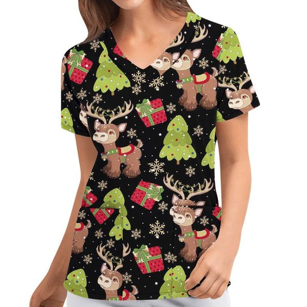 

women's t-shirt women fashion merry christmas print t-shirts with pocket casual short sleeve v-neck working uniform comfy shirt #y, White
