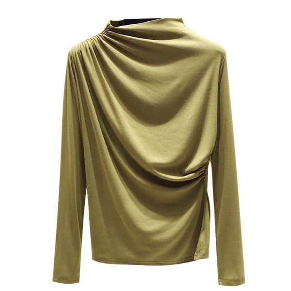 

harajuku t shirt women autumn long sleeve folds slim t- female korean cotton tshirt woman clothes tee femme 210507, White