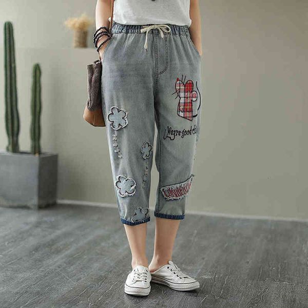 

jean summer arts style loose vintage embroidery ripped jeans for women casual calf-length cotton denim harem pants s836 u1sm, Blue