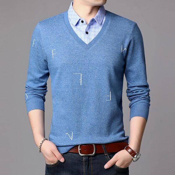 

men's sweaters 2021 fashion brand knit plaid korean pullover shirt collar fake two v neck casual jumper mens clothes, White;black